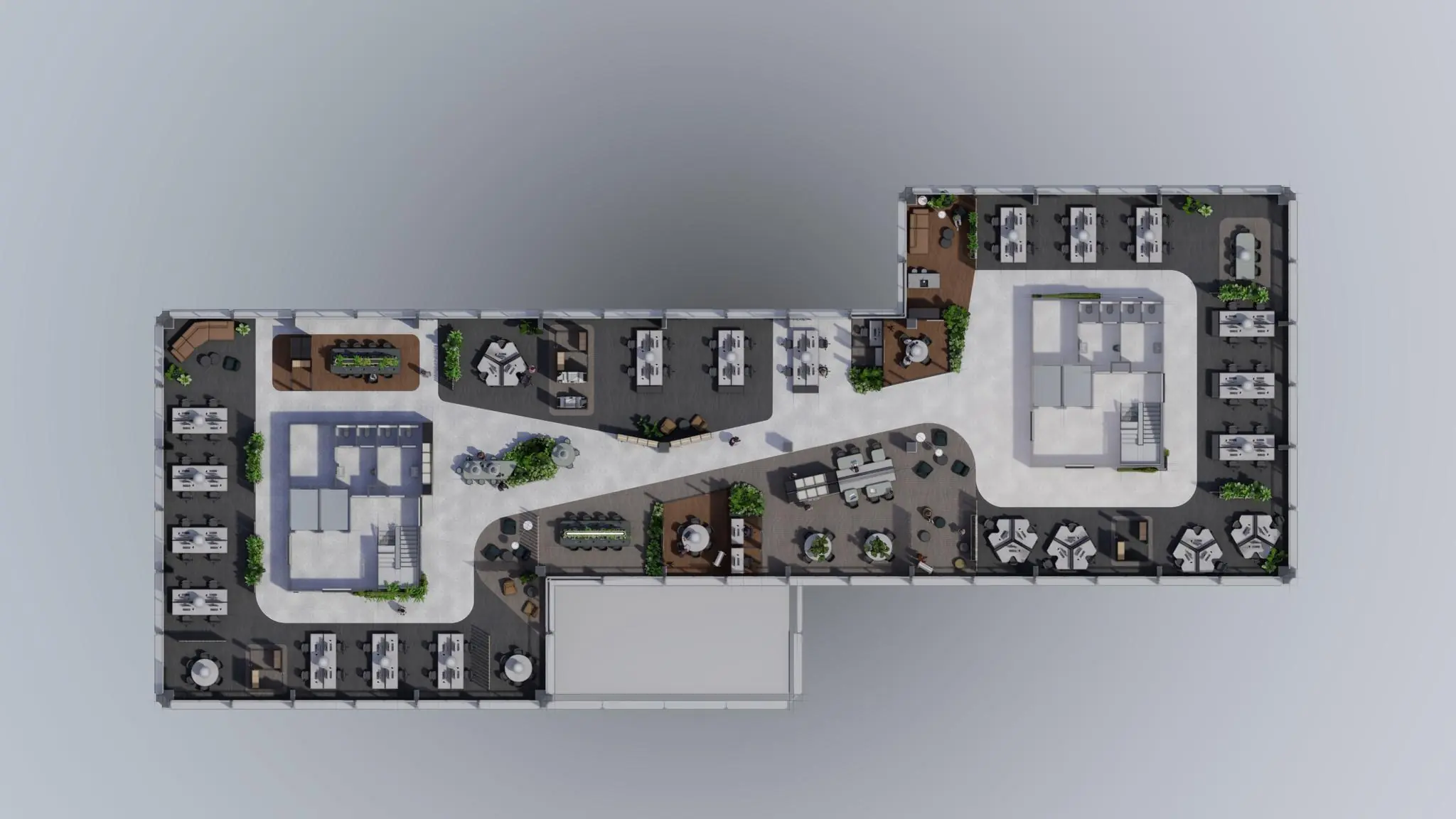 Plattegrond van een modern kantoorinterieur aan de Marten Meesweg met open werkplekken, vergaderruimtes en zitgedeeltes.